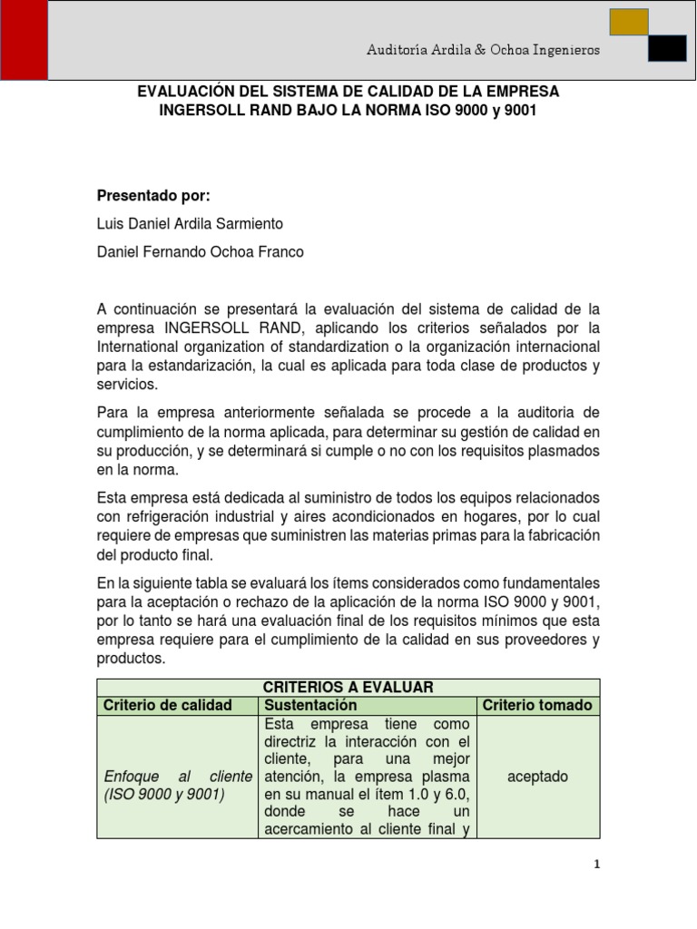 Evaluación ISO 9001 en Ingersoll Rand | PDF | Iso 9000 | Calidad ...