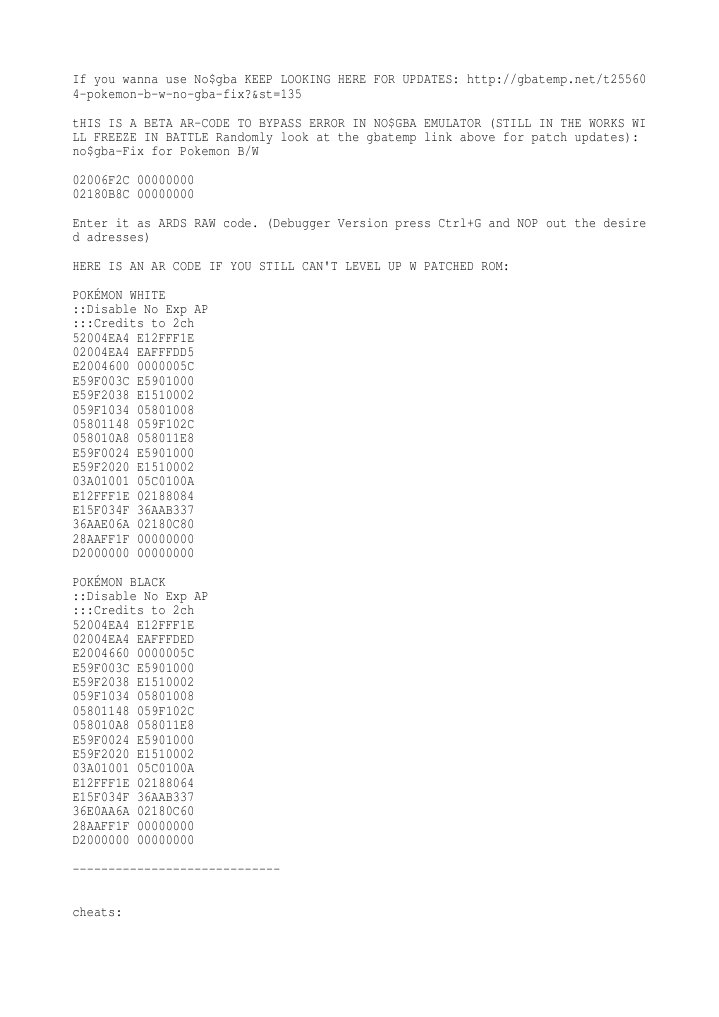 Action Replay Codes For Pokemon Black And White Anti Freeze Code PDF