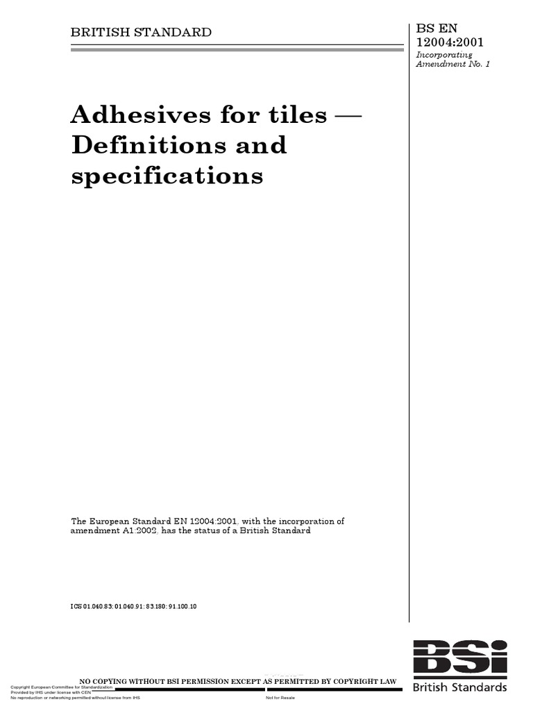 En 12004 2001 Adhessives For Tiles Definitions and Specifica PDF PDF