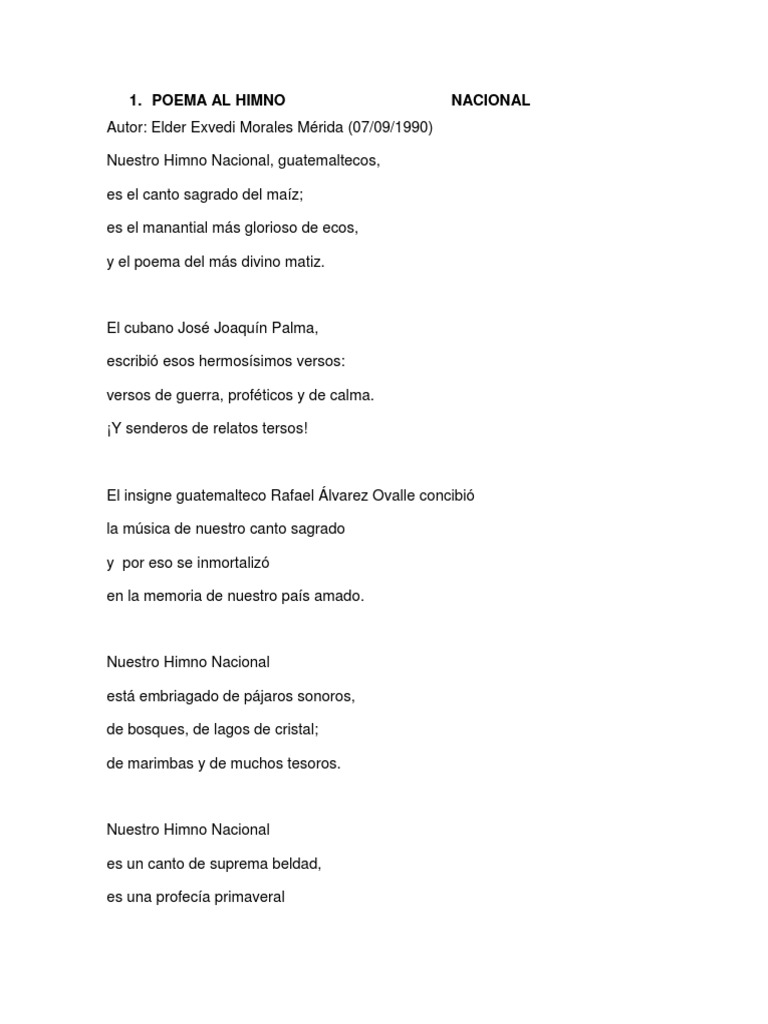 Poema Al Himno Nacional Poema Soy De Zacapa Pdf Ocio