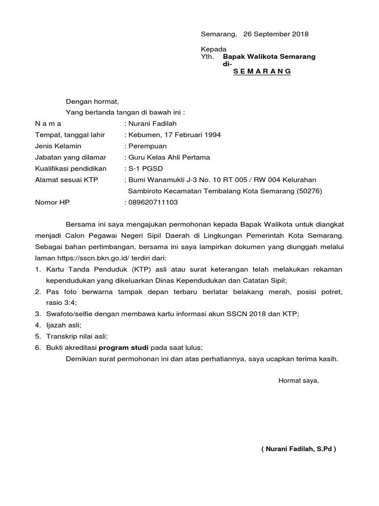 Format Surat Lamaran Cpns 2018 Baru