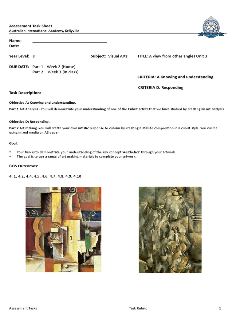 Visual Arts Assessment: Cubism Task | PDF | Rubric (Academic ...
