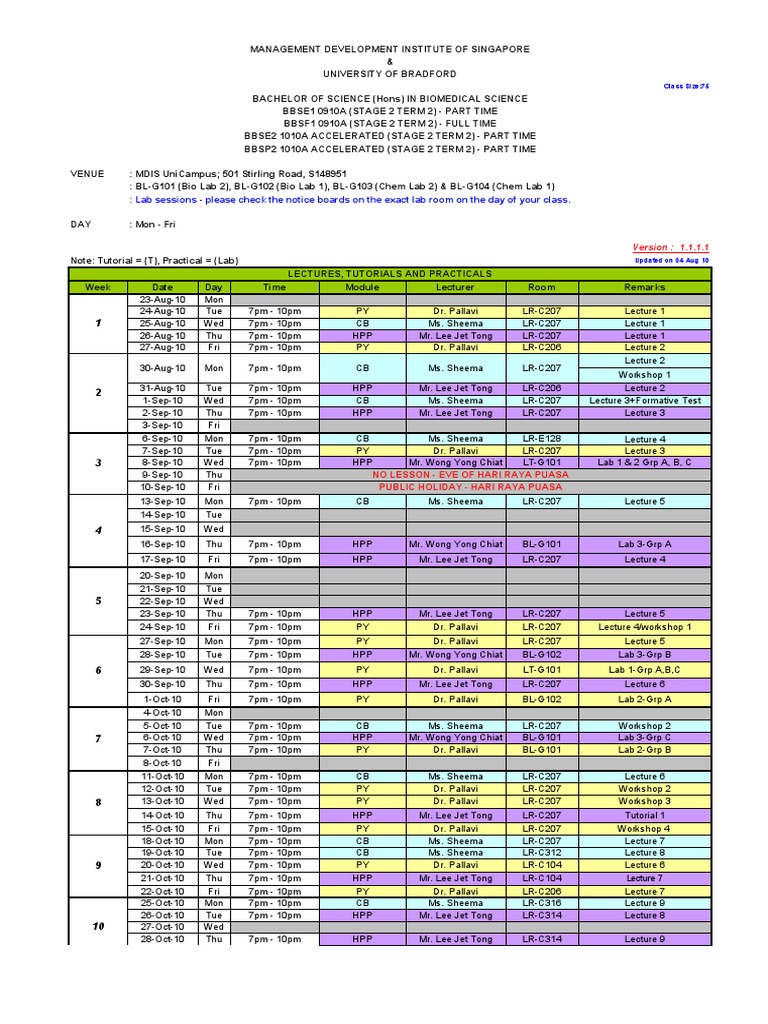 MDIS Biomedical Science Class Schedule | PDF | Medicine | Health Care