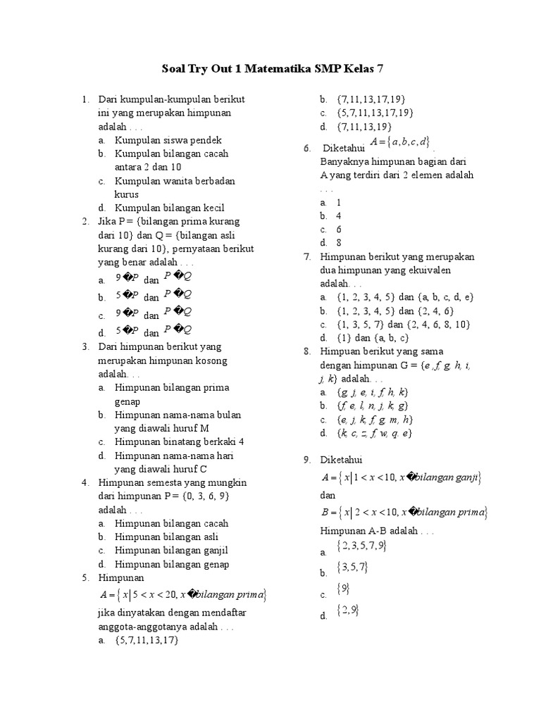Soal Try Out 1 Matematika Smp Kelas 7 Docx