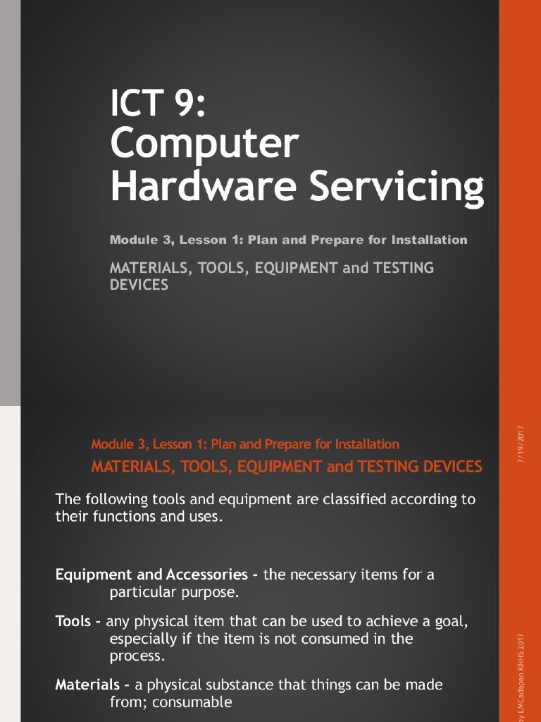 Ict 9 Module 3, Lesson 1.5 Materials, Tools, Equipment and Testing Devices PDF PDF