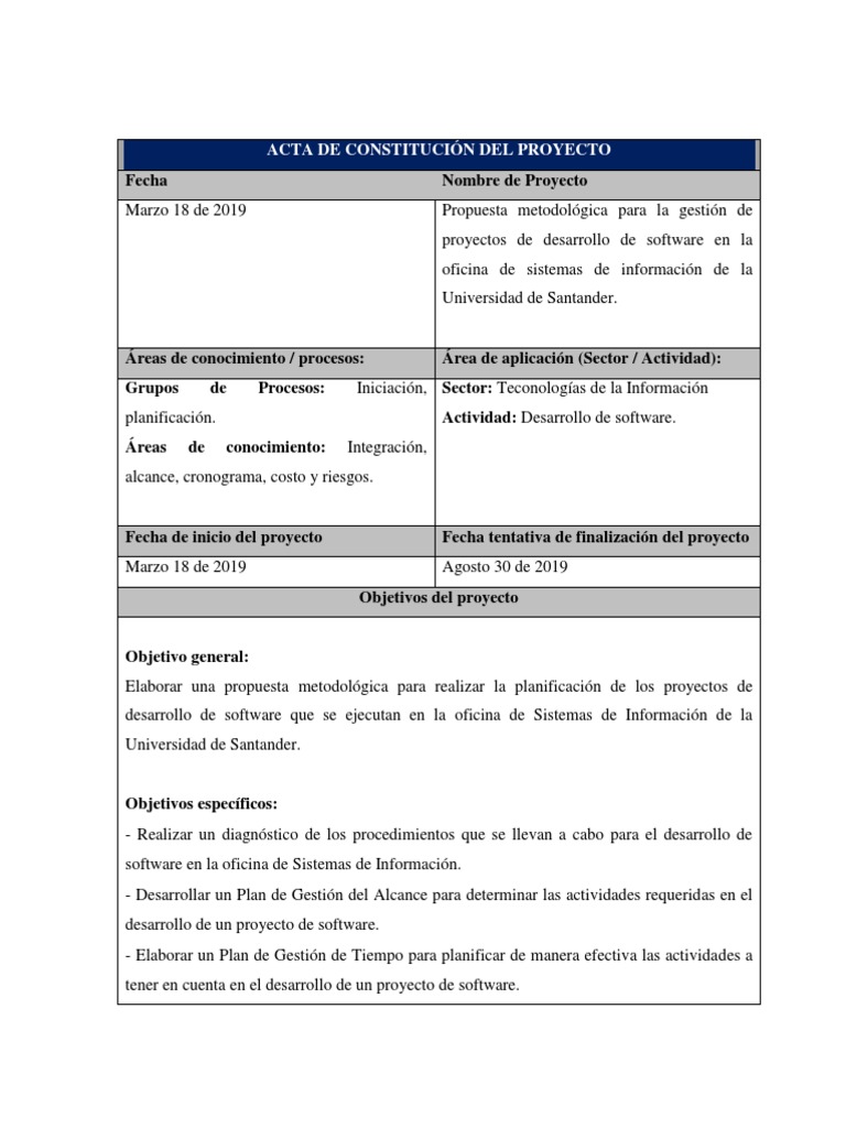 Acta de Constitución Del Proyecto | PDF | Ingeniería de software | Software