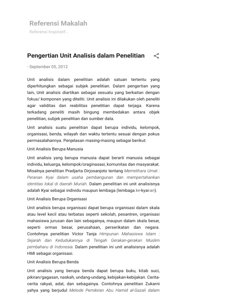 Pengertian Unit Analisis Dalam Penelitian Pdf