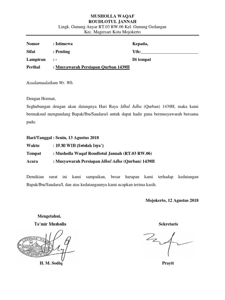 Contoh Surat Undangan Qurban Contoh Surat - Riset