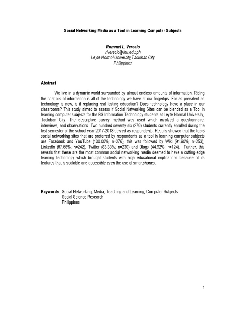 Social Networking Media As A Tool in Learning Computer Subjects | PDF ...
