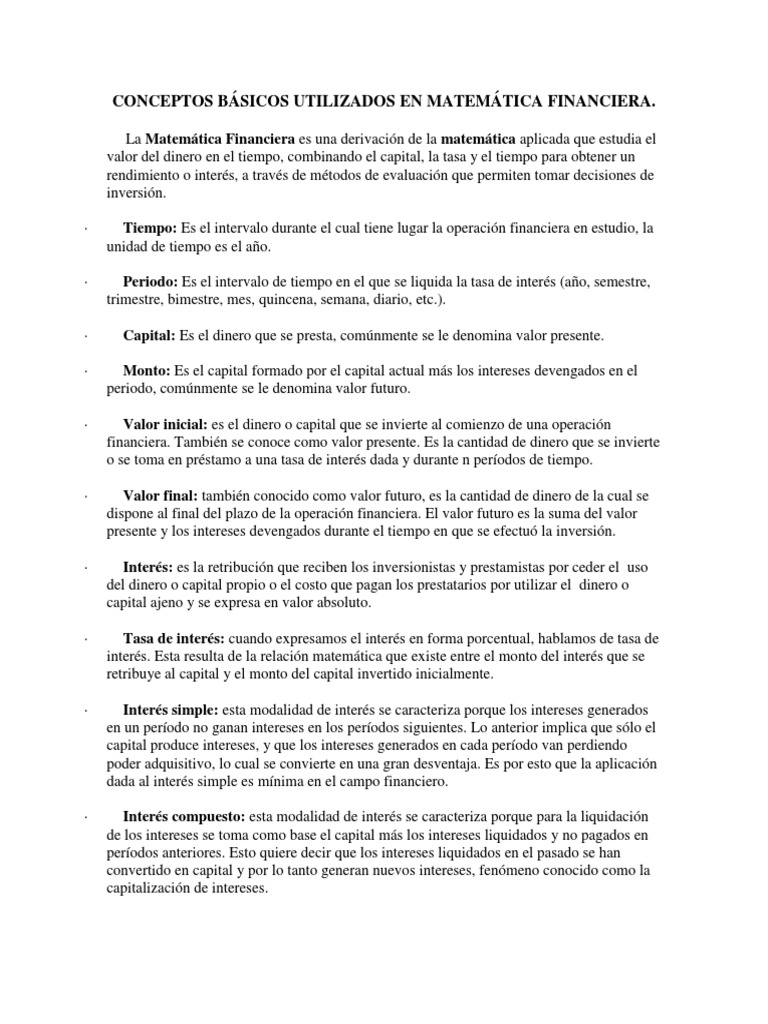 Conceptos Básicos Utilizados en Matemática Financiera | PDF | Interés ...