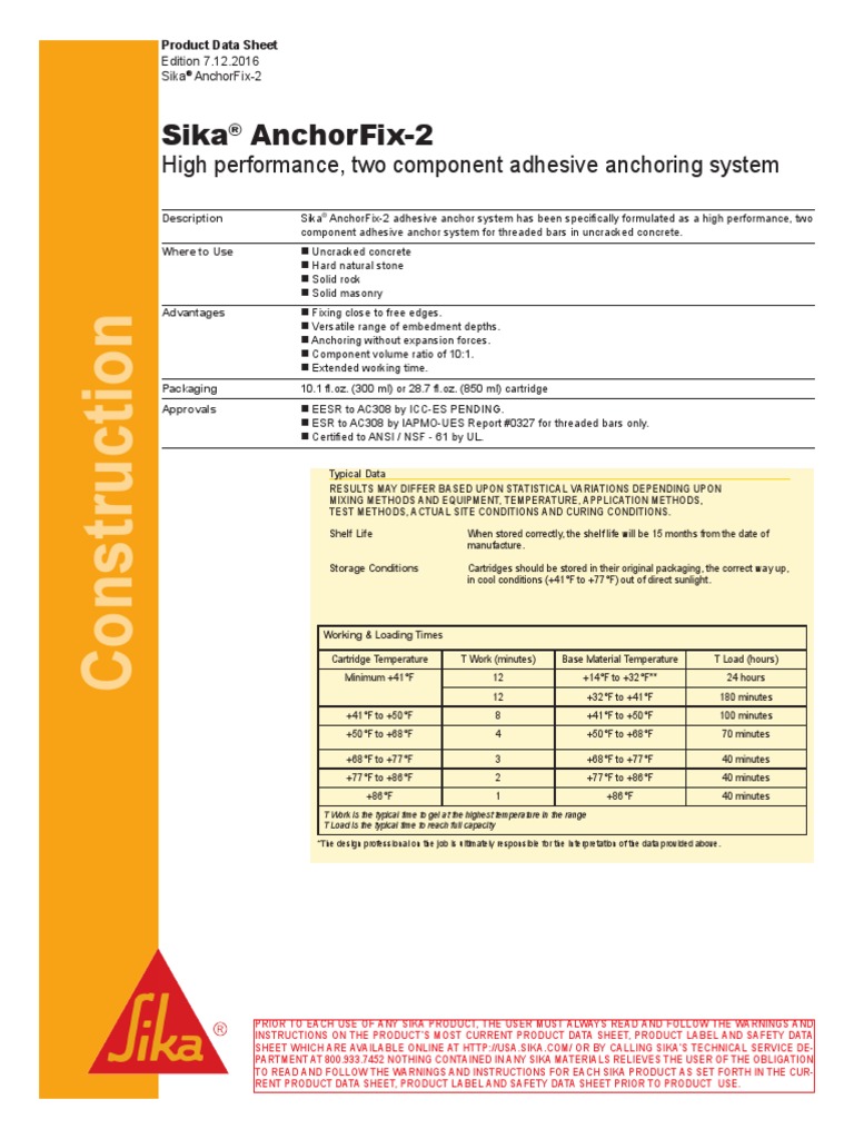 Sika Anchorfix-2: High Performance, Two Component Adhesive Anchoring ...