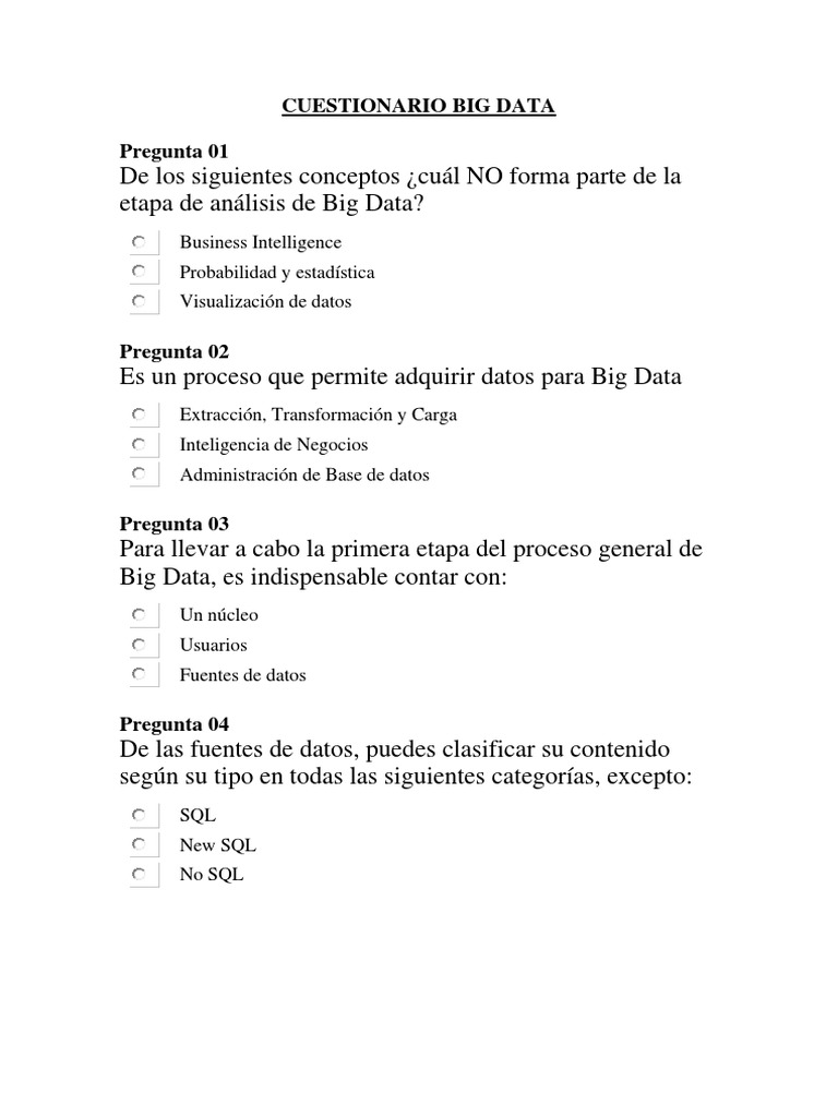 Cuestionario sobre Análisis de Big Data | PDF