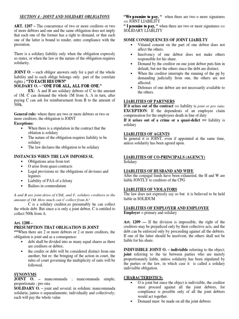 Section 4: Joint and Solidary Obligatons | PDF | Debtor | Debt