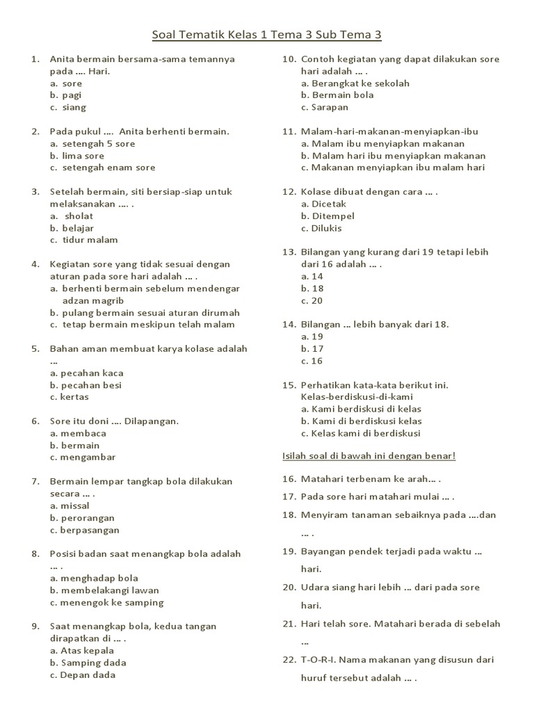 Soal Tematik Kelas 1 Tema 3 Sub Tema 3