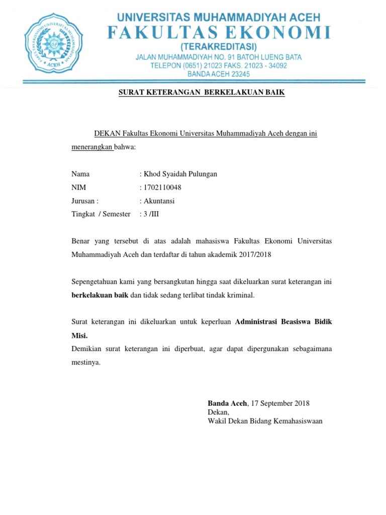Surat Pengakuan Berkelakuan Baik