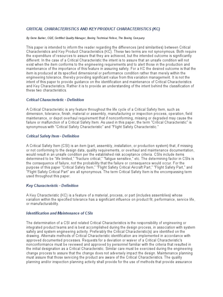 Critical Characteristics and Key Product Characteristics PDF