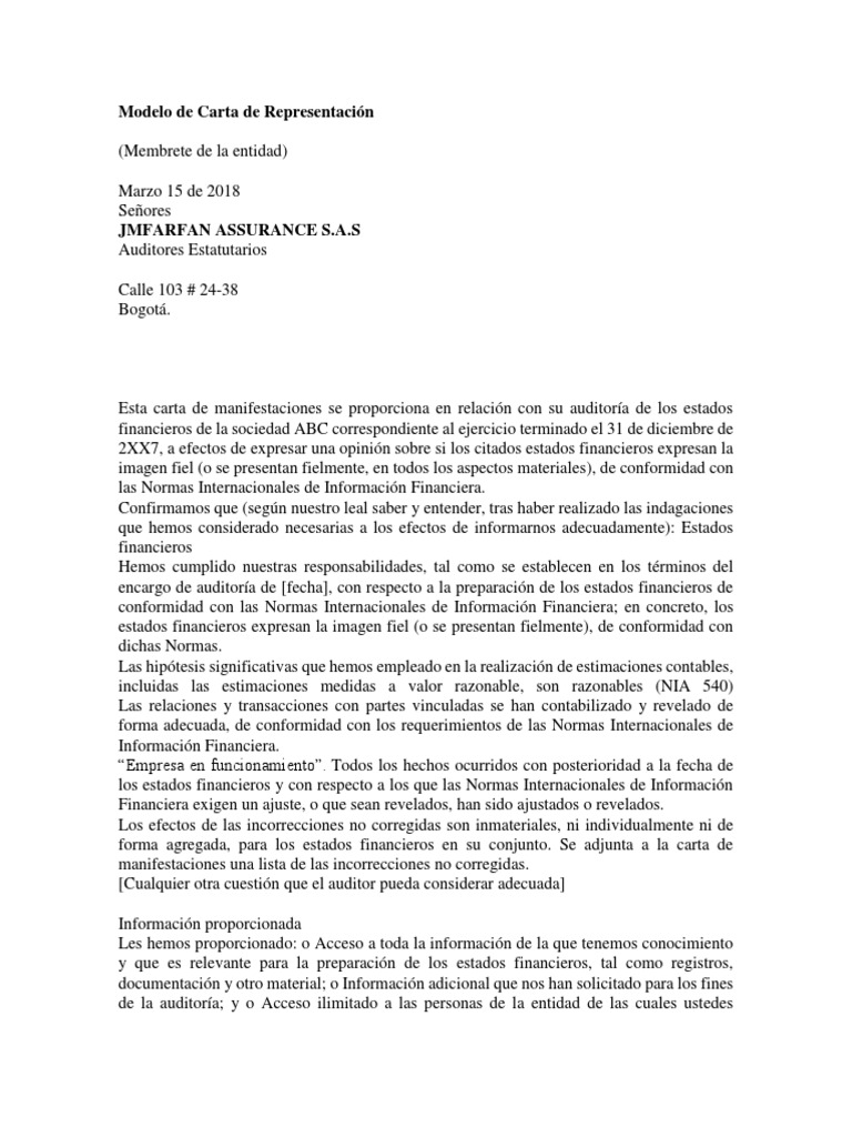 Modelo de Carta de Representación Estado financiero normas