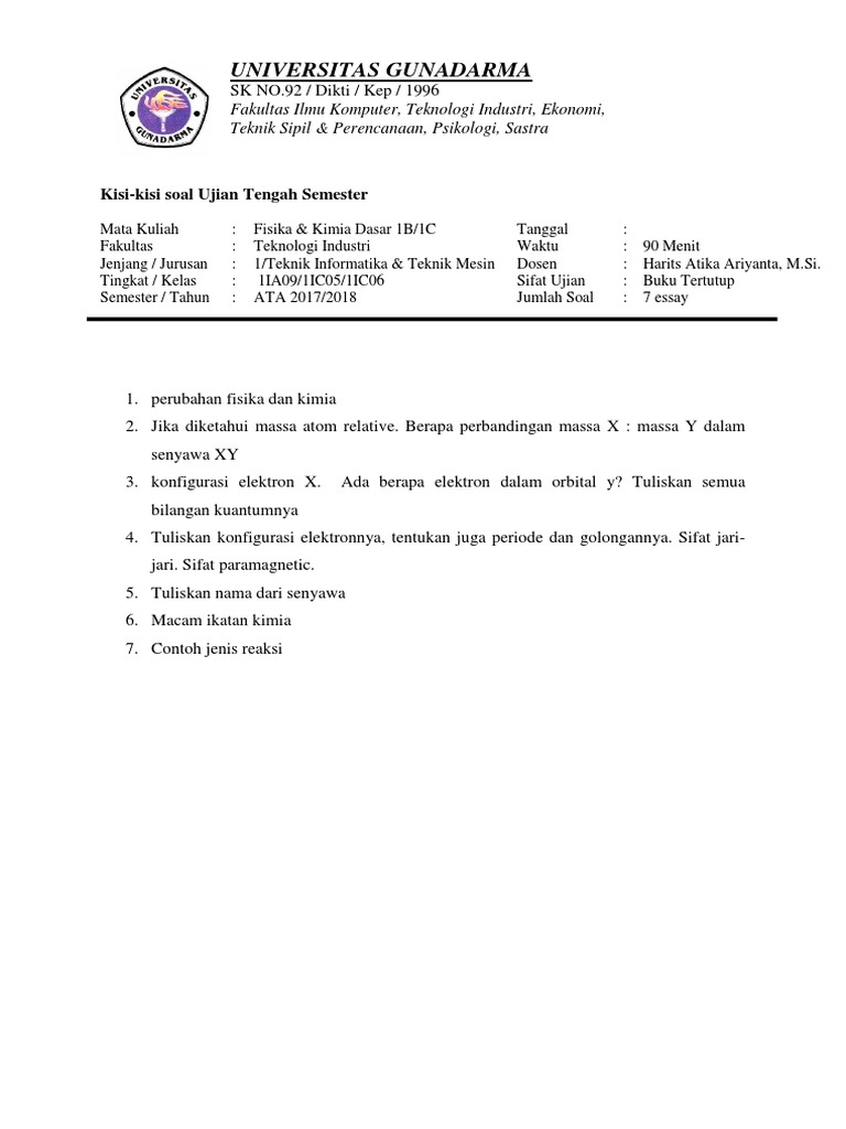 Kisi2 Soal Uts Kimdas Docx