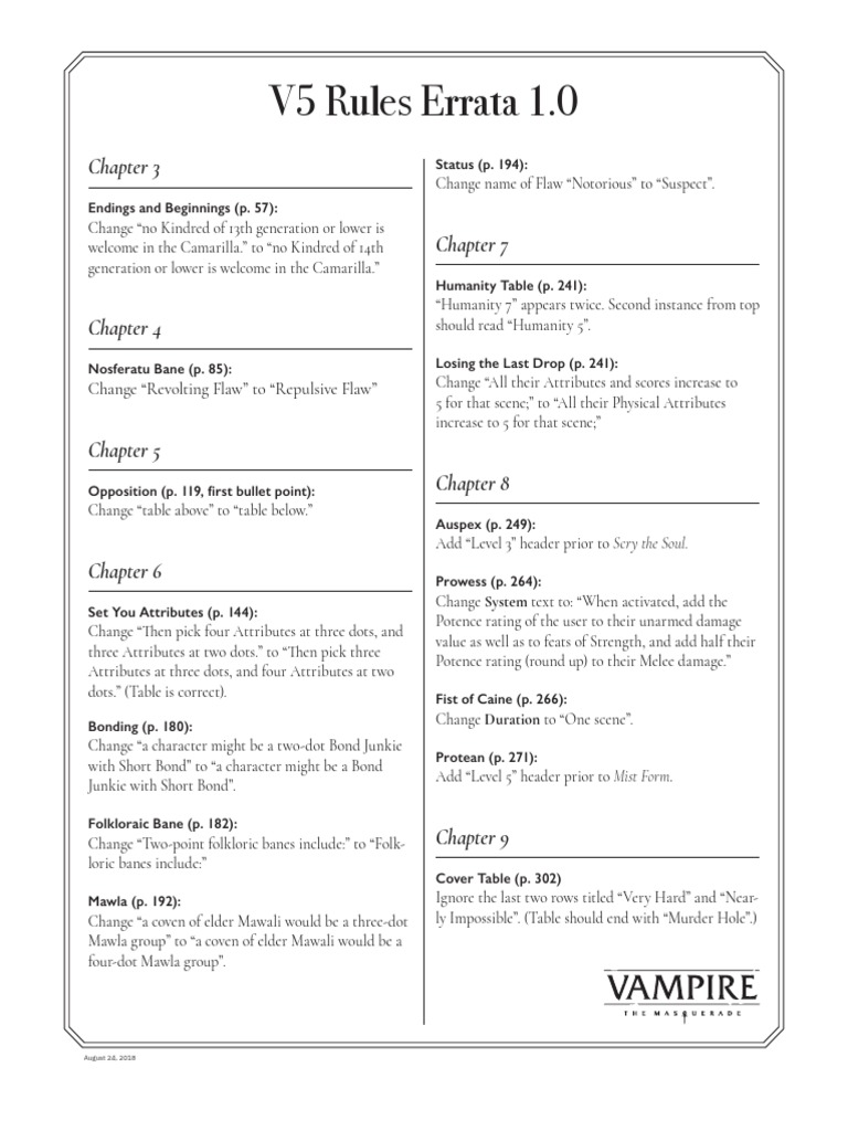 V5 Rules Errata | Vampires | Horror Fiction