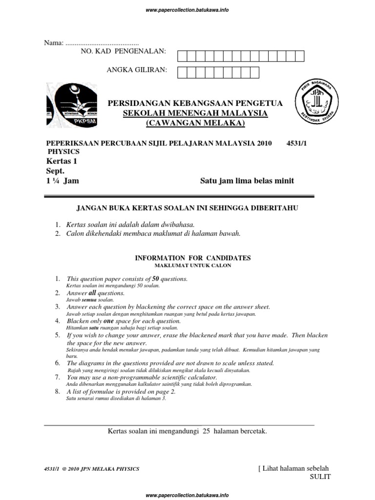 Spm Trial 2010 Phy Q A Melaka Pdf