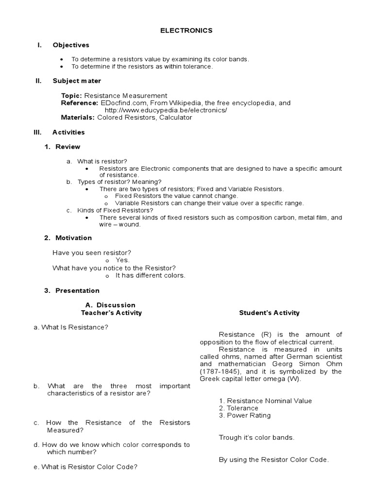 Sample Detailed Lesson Plan | PDF | Resistor | Engineering Tolerance
