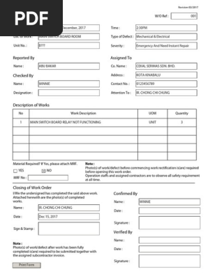 Work Order Contoh