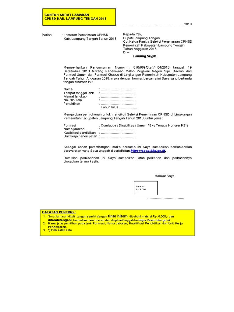 Contoh Surat Lamaran Cpns Lamteng Pdf