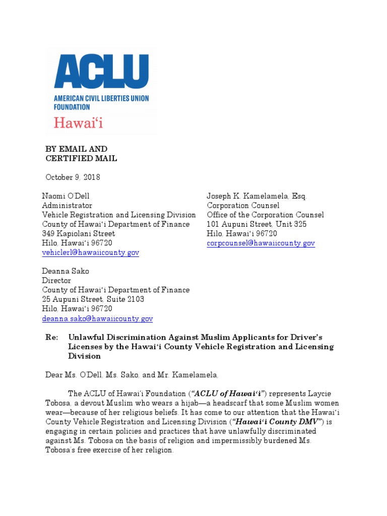 ACLU Letter To The Hawaii DMV | PDF | Department Of Motor Vehicles ...