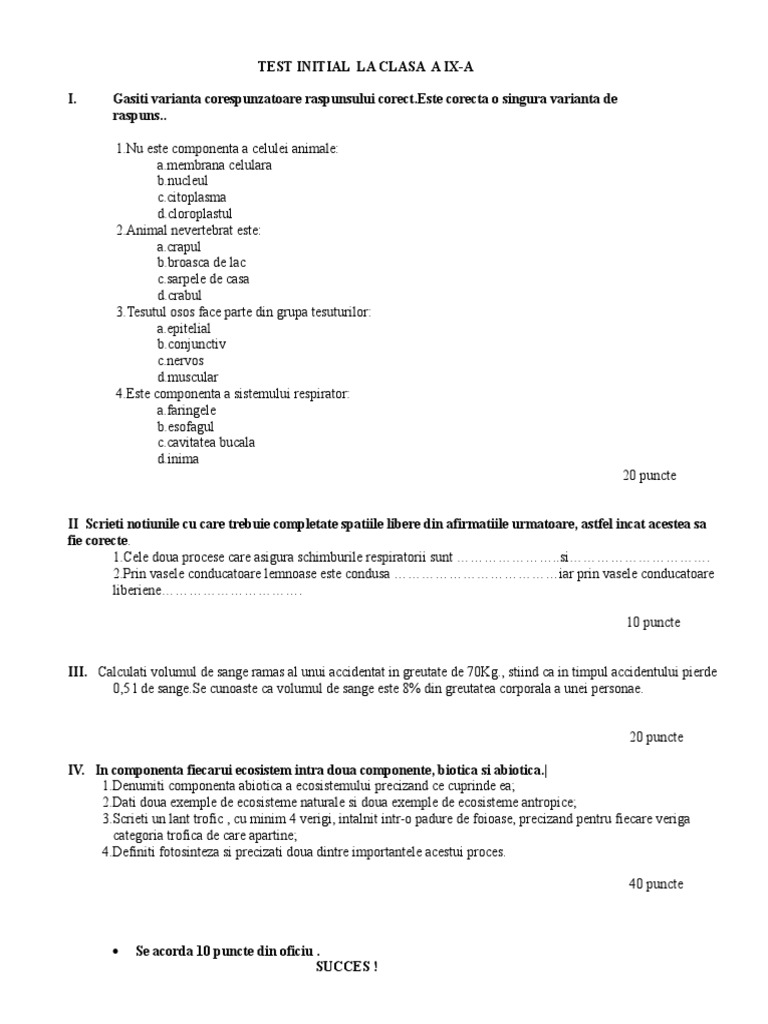 TEST INITIAL LA CLASA A IX Biologie 2010 | PDF