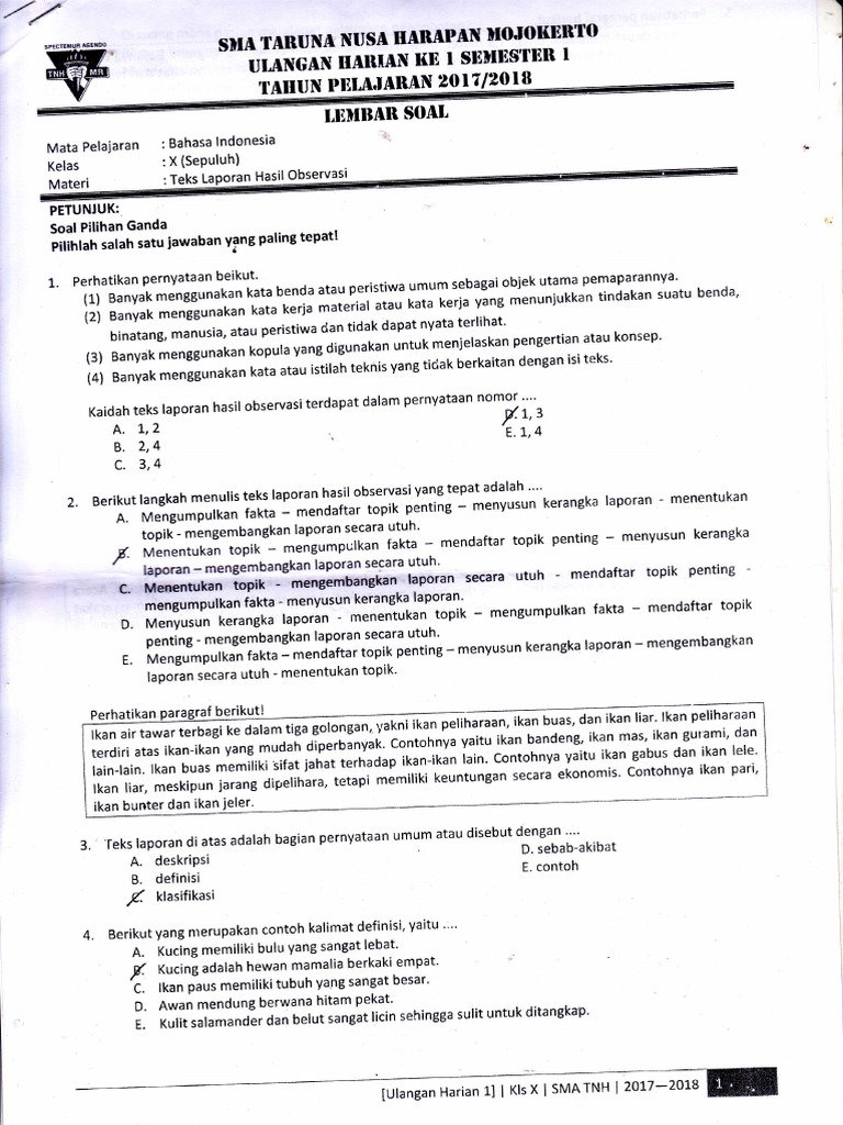 Soal Pilihan Ganda Materi Observasi Kls X Bahasa Indonesia