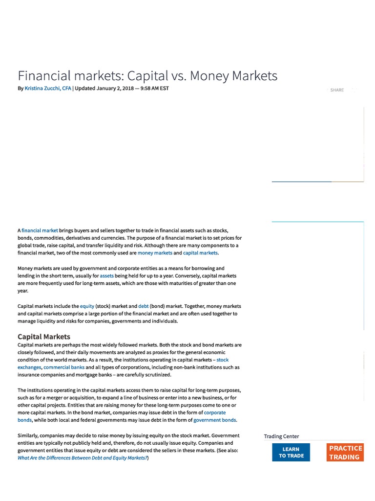Financial Markets: Capital vs. Money Markets - Investopedia | PDF ...