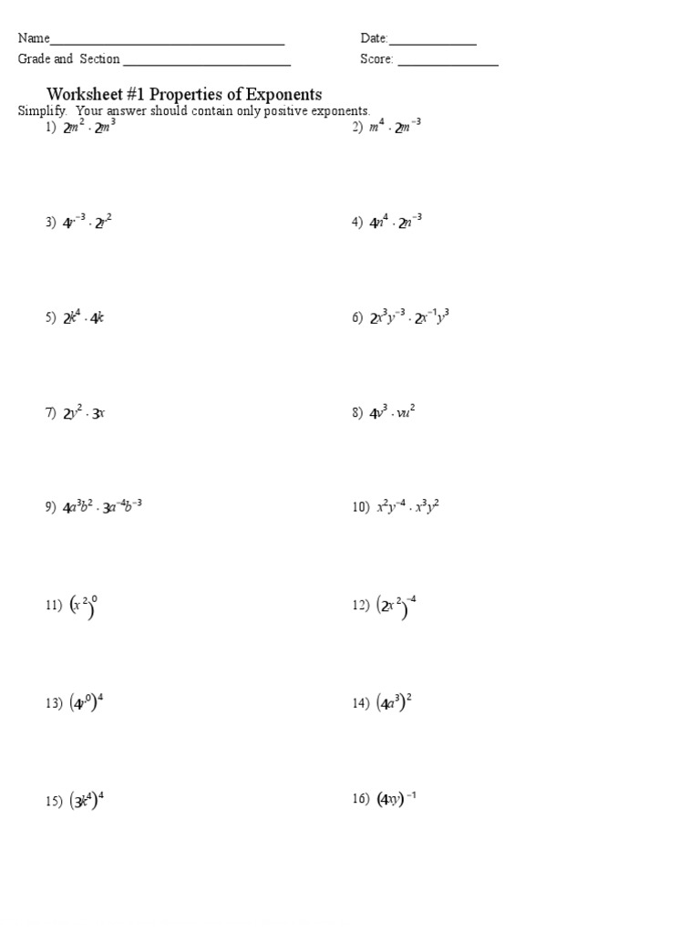 Worksheet 1 Properties of Exponents PDF