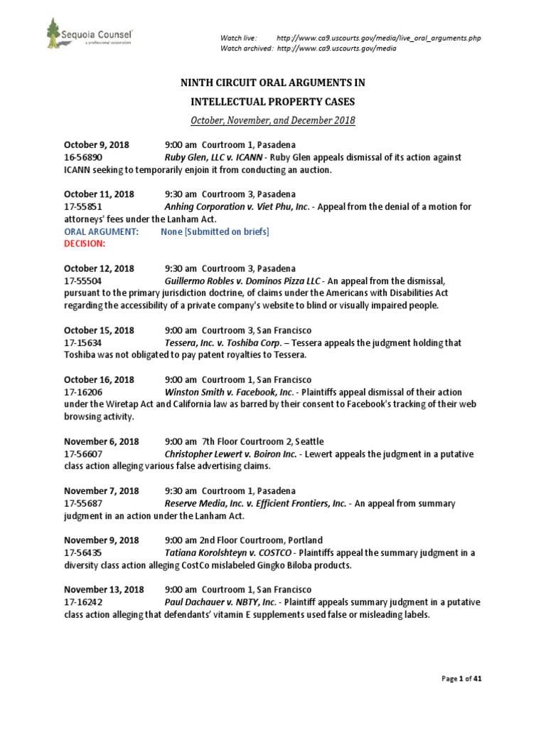 Upcoming 9th Circuit Oral Arg #39 ts in IP Cases PDF Summary Judgment