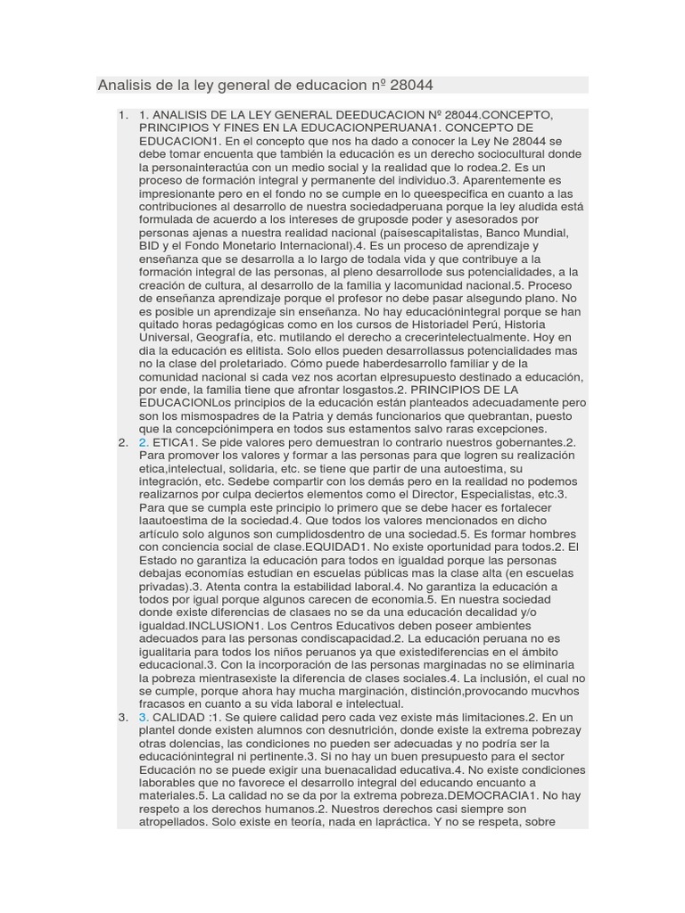 Analisis de La Ley General de Educacion #28044 | PDF | Libertad | Maestros