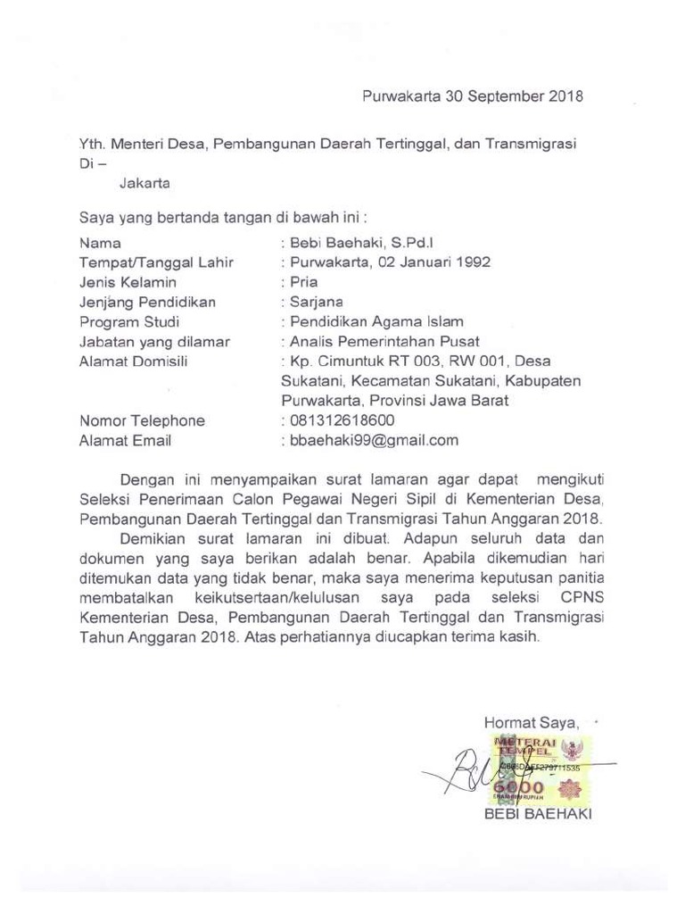 Format Surat Lamaran Kementerian Desa Pembangunan Daerah ...