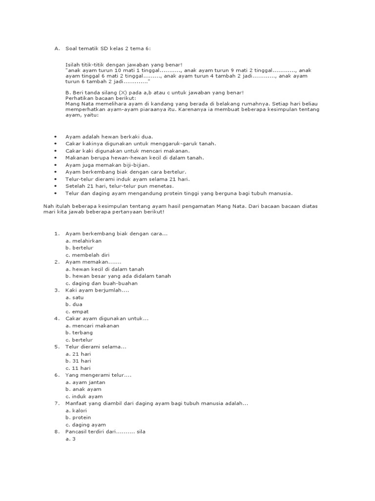 Soal Tematik Sd Kelas 2 Tema 6 Docx