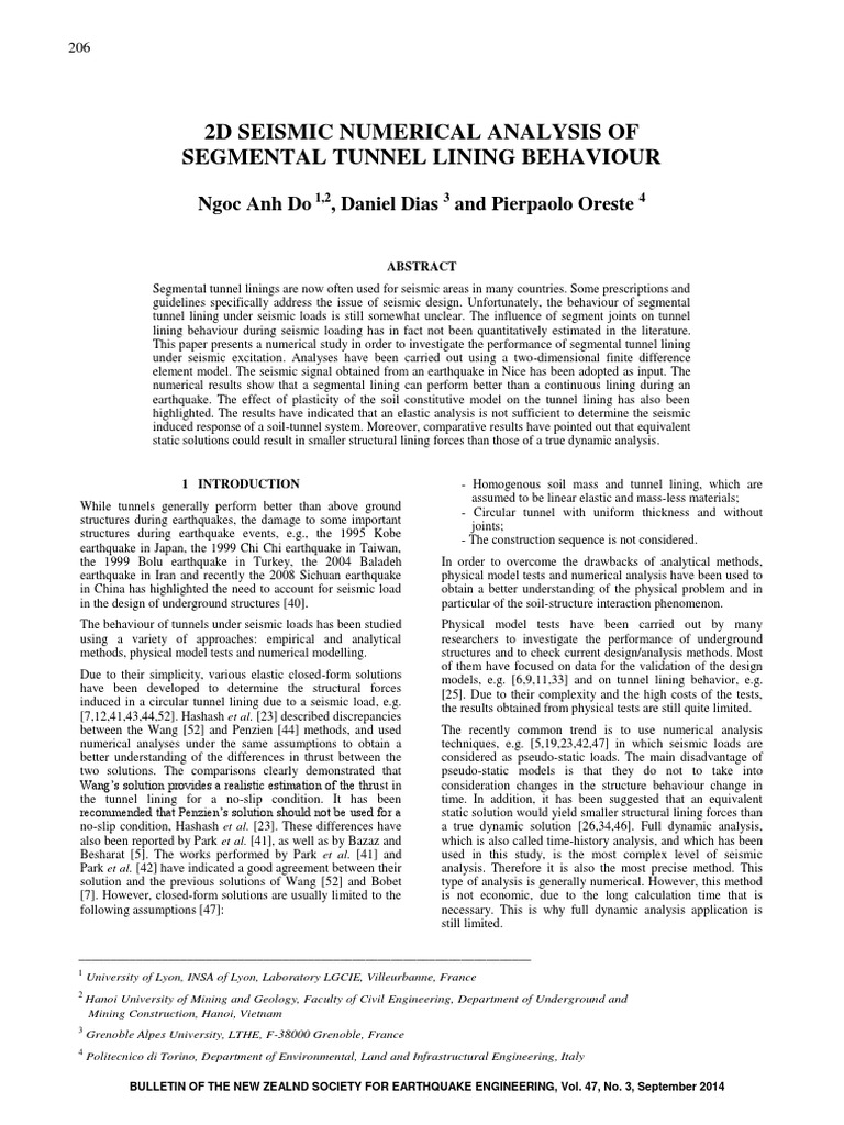 2D Seismic Numerical Analysis of Segmental Tunnel Lining Behaviour ...