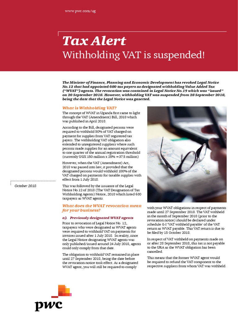 PwC Uganda Tax Alert Withholding Vat Is Suspended October 2018