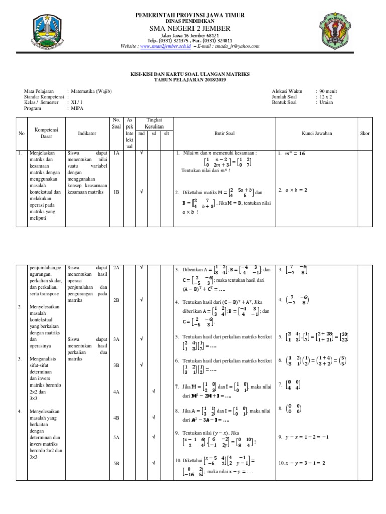 Kisi Kisi Dan Kartu Soal Matriks Ganjil 2018 2019
