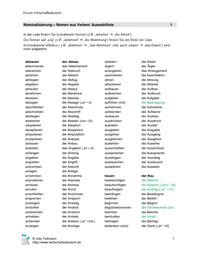 Grammatik Nominalisierung Liste Verben