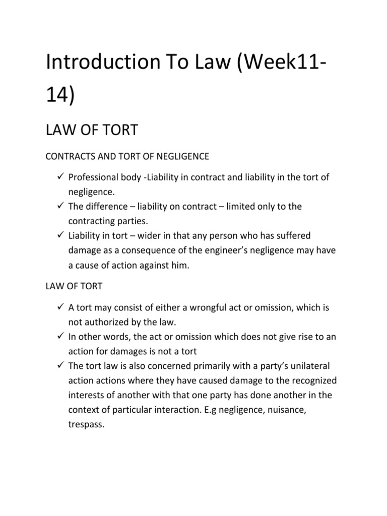 Introduction To Law Law of Tort Week11 1 | PDF | Negligence | Duty Of Care