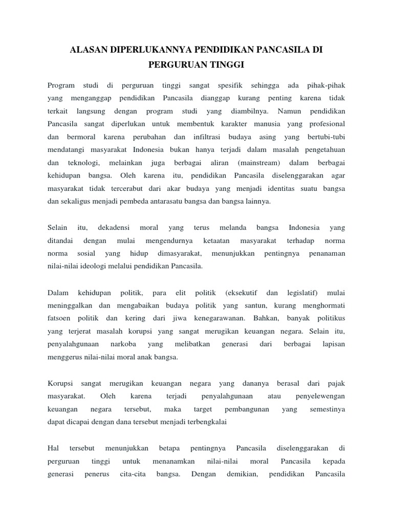 Alasan Diperlukannya Pendidikan Pancasila Di Perguruan Tinggi Docx