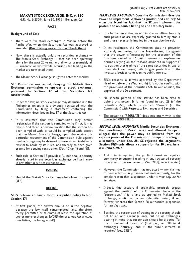 Makati Stock Exchange, Inc. V. Sec (Admin Law) Ultra Vires Act of