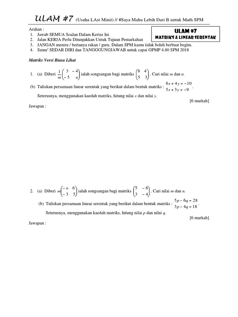 Ulam 7 Matriks Linear Pdf Pdf