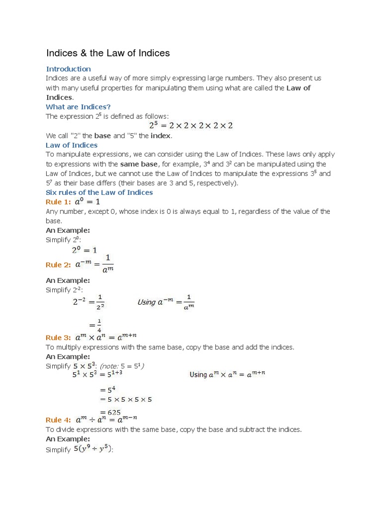 Indices & The Law of Indices PDF Fraction (Mathematics