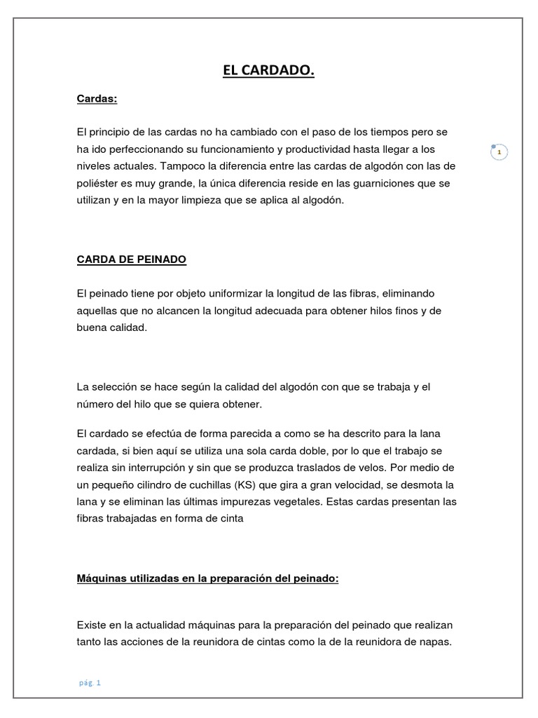 Proceso de Cardado en Hilandería Textil | PDF | Algodón | Lana