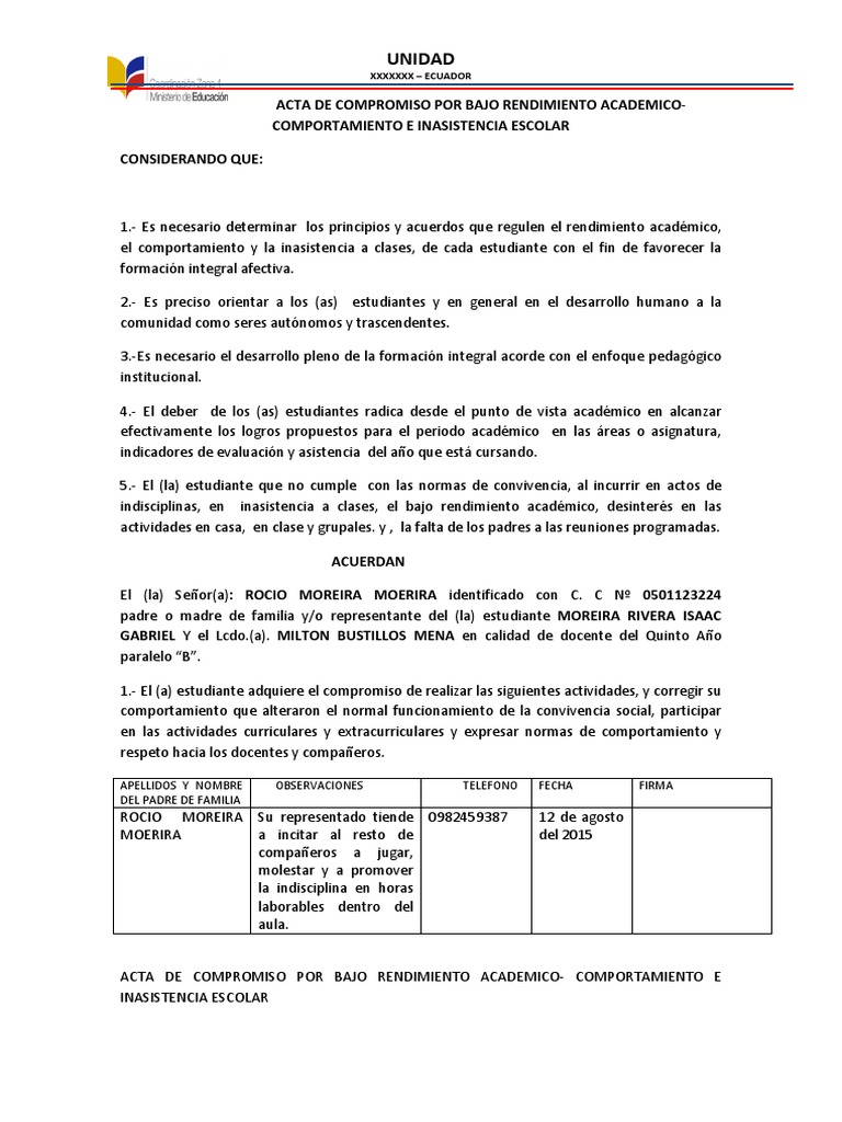 Acta de Compromiso Por Bajo Rendimiento Academico | PDF | Cambio |  Evaluación