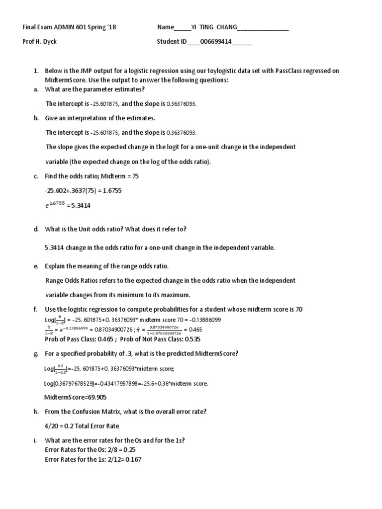 Final Exam Sp 18 Odds Ratio Logistic Regression