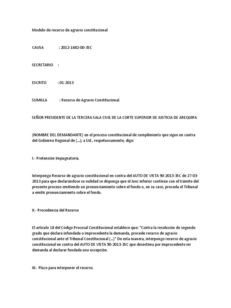 Modelo de Recurso de Agravio Constitucional | PDF | Presupuesto |  Presupuesto del gobierno