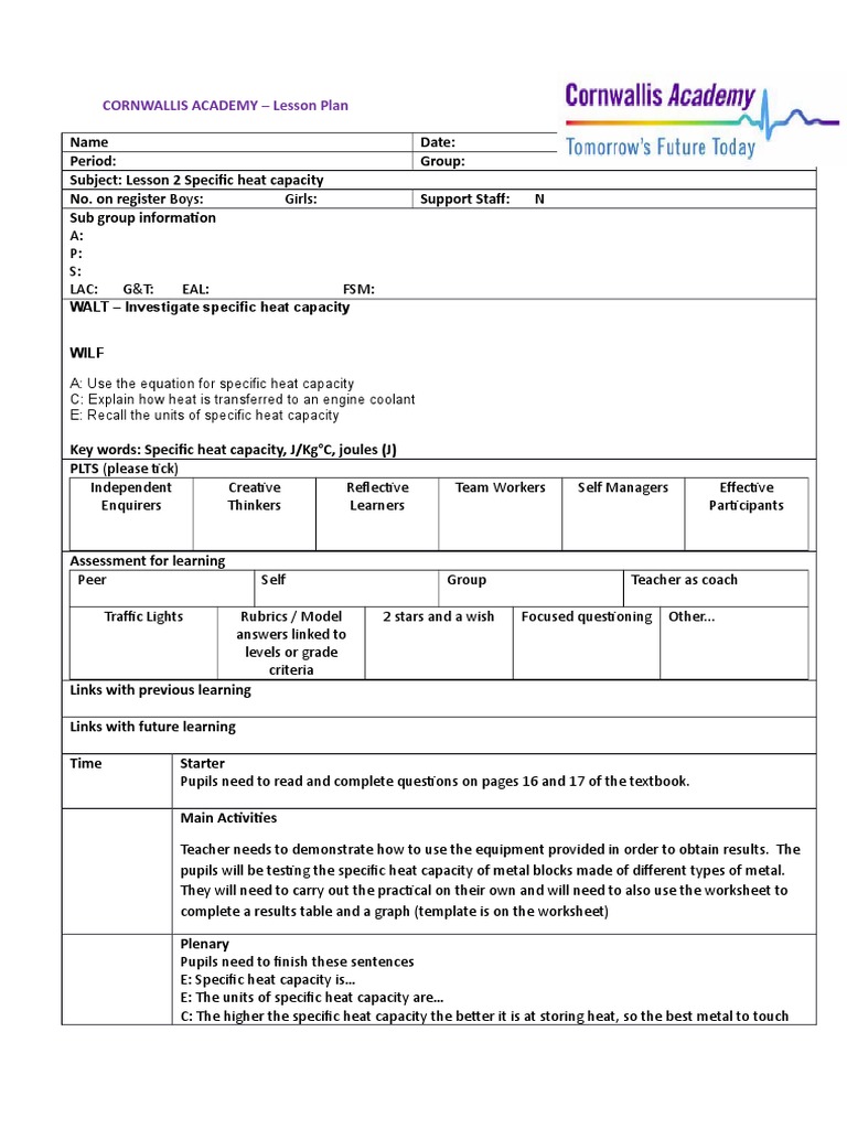 Lesson Plan: Specific Heat Capacity | PDF | Temperature | Heat Capacity